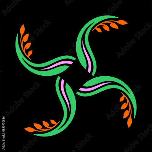 Four vibrant green arms swirl gracefully, tipped with bright orange leaves, forming a rhythmic floral symbol that glows against deep black space.