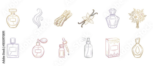 Set of hand-drawn perfume and fragrance icons featuring various bottles, an atomizer, vanilla, flowers, and essential oil in a delicate line art style with subtle gradients