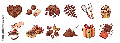 Set of chocolate and confectionery illustrations featuring a heart box, truffles, cacao pods, a cupcake, a gift, and a hand dipping a strawberry in a cute cartoon doodle style