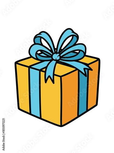 A bright yellow gift box with a blue ribbon.