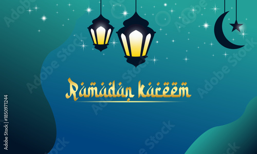 Beautiful Ramadan Kareem banner featuring glowing golden lanterns a crescent moon and sparkling stars on a decorative blue and teal wavy background