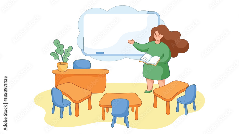 Fototapeta premium A female teacher stands in front of a whiteboard in a classroom setting.
