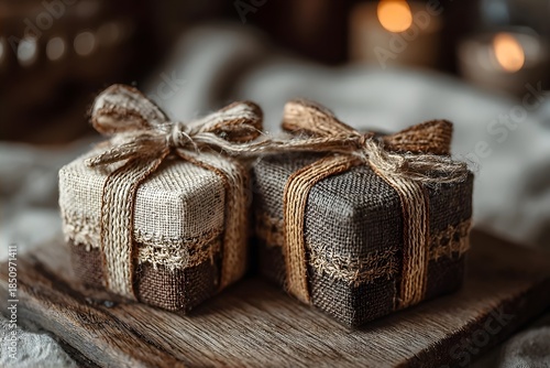 Two small, rustic gift boxes wrapped in burlap and tied with twine sit together on a wooden board.