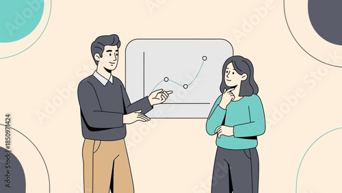 business presentation with a man explaining a growth chart to a woman in a modern office setting