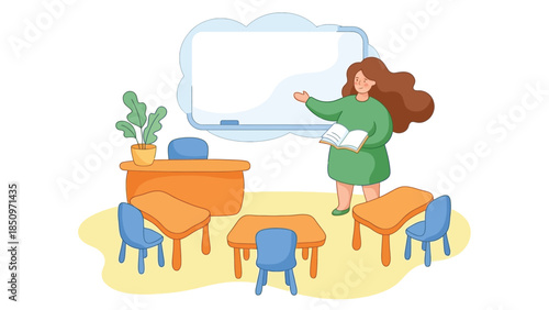 A female teacher stands in front of a whiteboard in a classroom setting.