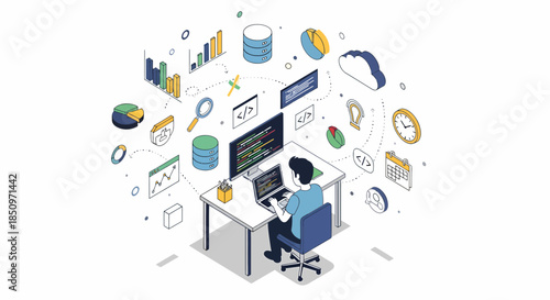 Isometric Developer Working With Code For Website Or App Development