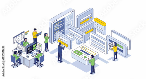 Isometric Software Development Team Collaboration Interface Design Concept