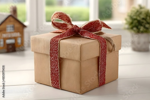 A neatly wrapped gift box with a red ribbon sits on a white table by a bright window.