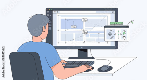 Man Designing Website Layout On Computer Screen Illustration