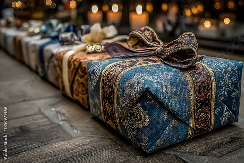 A beautifully wrapped gift box with ornate blue and gold paper and a ribbon sits on a wooden surface in a softly lit setting.