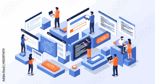 Isometric Teamwork Illustration Concept For Software Development Project
