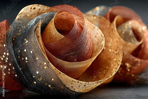 Two shimmering, ribbon-like roses with gold speckles lie close together on a dark surface.