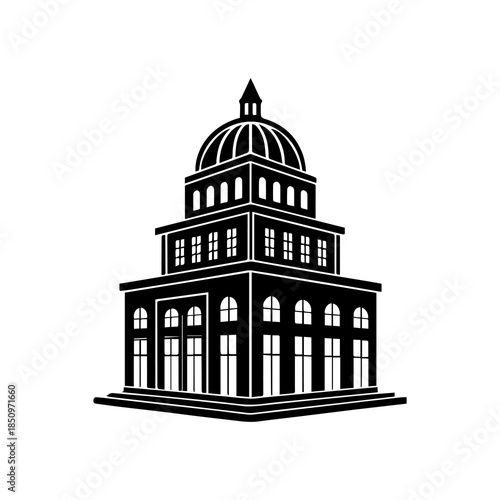 Classic government building or capitol dome illustration, black and white vector architecture.