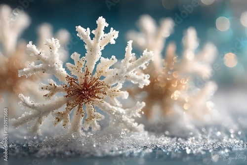 Three delicate snowflake ornaments sparkle on a snowy surface against a softly blurred blue background.