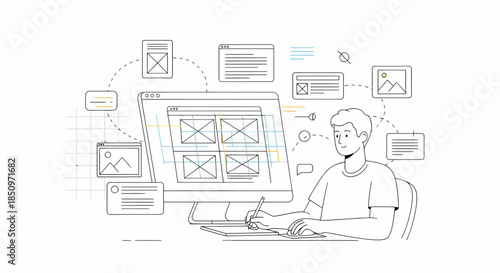 Young Designer Creates Web Layout With A Graphics Tablet And Computer