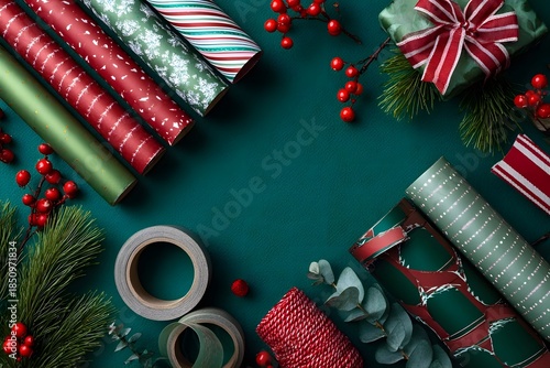 Several rolls of Christmas-themed wrapping paper, ribbons, and tapes are neatly arranged on a green surface surrounded by festive decorations.