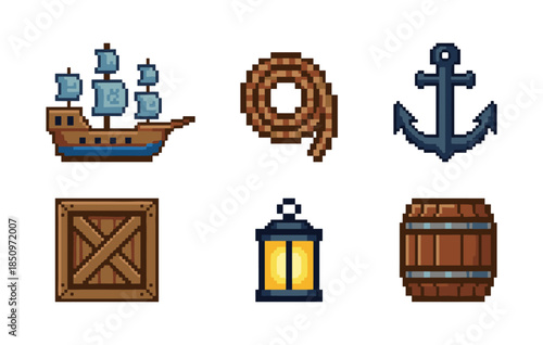 Pirate ship and nautical item pixel art set