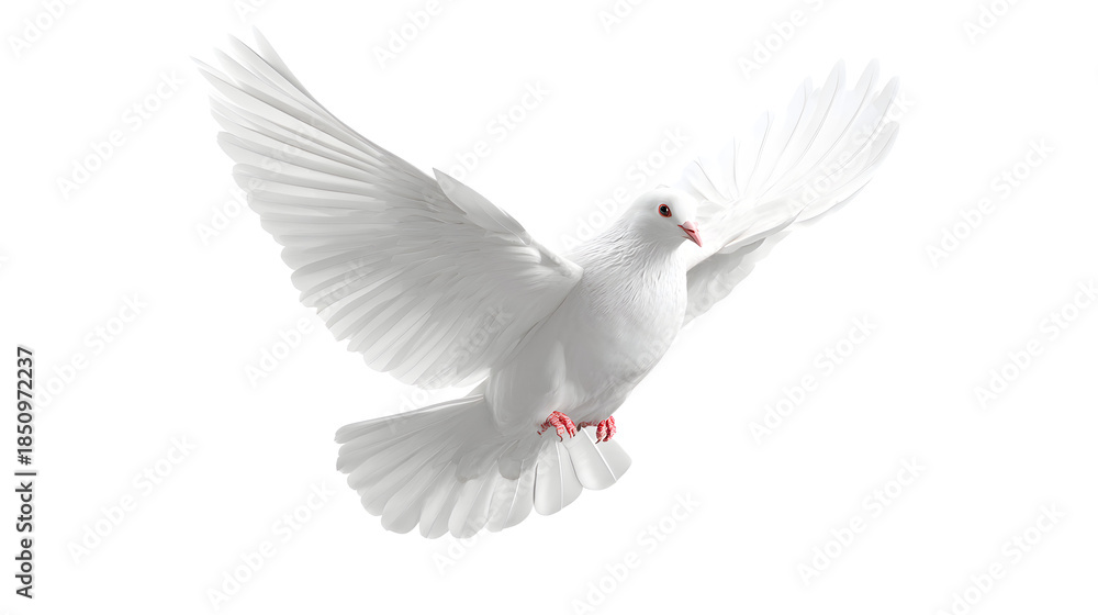 Obraz premium A white dove in mid-flight with wings spread wide against a white background