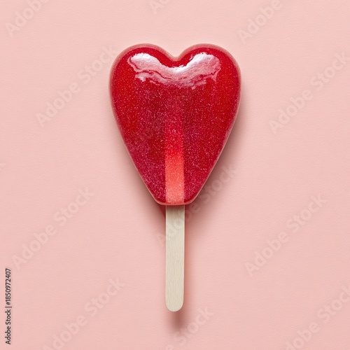 Glossy, red heart-shaped lollipop on a stick, centered on a pink background