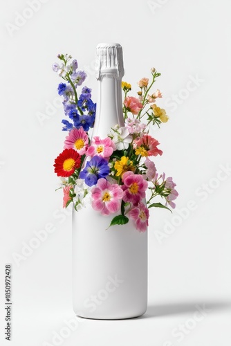 White bottle adorned with colorful, vibrant flowers against a bright background