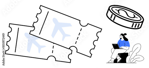 Air travel booking. Plane tickets and coin travel expenses, with a person using a laptop emphasizing the digital booking process. Air travel focuses on tickets, booking platforms, and technology