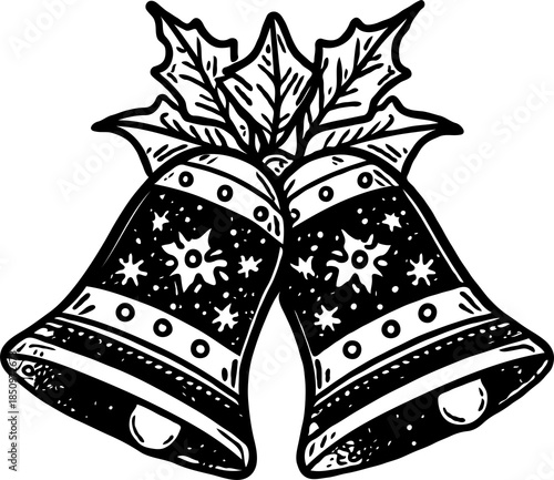 Hand-drawn Christmas bells with holly leaves in vintage sketch style.