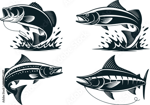 Jumping Fish Illustration Set, Dynamic Fishing Sport Animals, Detailed Vector Art Collection