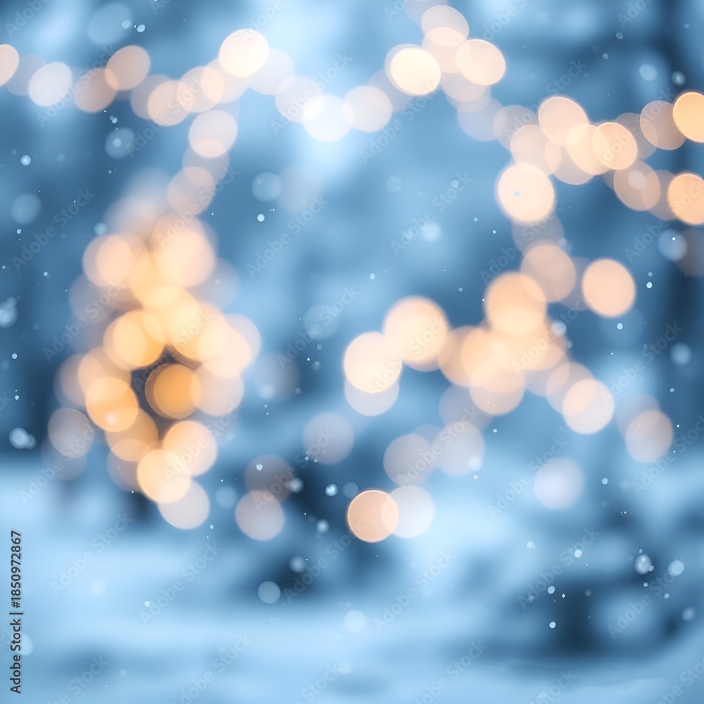 Obraz premium Magical winter background with warm golden bokeh lights and falling snow on a soft blue blurred backdrop.