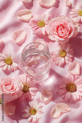 Glass of water amid pink flowers & petals on smooth, shimmering pink fabric