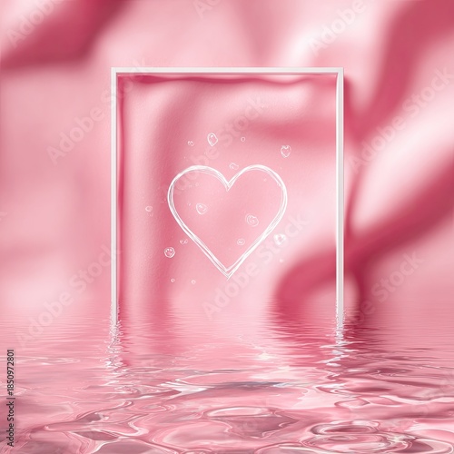 Heart outline in frame over water, pink satin background, dreamy romance
