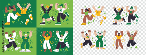 Energetic happy people jumping excitedly with raised fists celebrating Saint Patricks Day surrounded by shamrocks