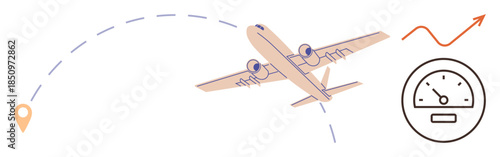 Airplane soaring with dashed flight path, speedometer, and upward arrow signifying travel, progress, aviation, logistics, business growth, navigation, and speed in a simple flat metaphor