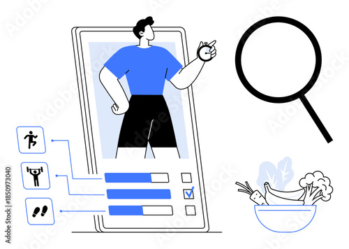 Man on mobile app interface with progress bars, exercise options, and checklist magnifying glass and salad bowl nearby. Ideal for health, fitness, app design, data, progress, gamification lifestyle