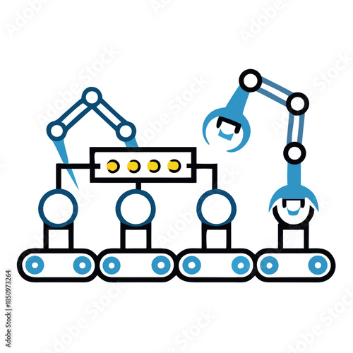 Industrial Automation Concept: Robotic Arms Working on a Conveyor Belt Assembly Line. Smart Factory Manufacturing Process, Robotics Technology, and Production Efficiency Icon in Flat Design.