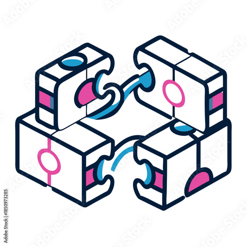 Isometric Blockchain Connection Icon. Four modular blocks linking with swirling neon data streams, representing network integration and decentralized technology.
