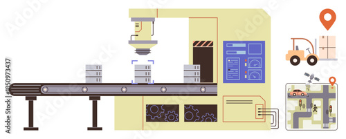 Factory conveyor with robotic arm assembling items, forklift loading goods, location icon, and logistics map. Ideal for automation, production, industry, logistics, innovation smart manufacturing