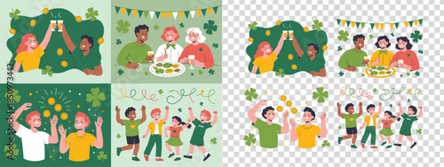 Happy friends raising their glasses in a celebratory toast surrounded by shamrocks and golden coins