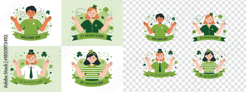 Happy people celebrating St Patricks Day with green banners and charming shamrock decorations