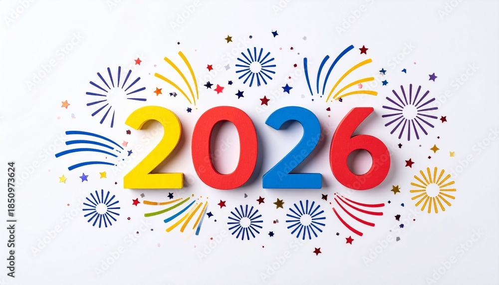 Obraz premium Colorful 2026 with fireworks and confetti on festive dark background.