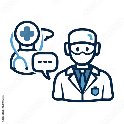 Telemedicine Consultation Icon: Doctor in VR Headset Communicating with Patient or AI Assistant. Remote Healthcare Technology and Virtual Medical Chat Vector Illustration.