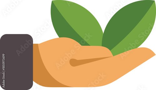 Open hand holding two green leaves, symbolizing environmental protection, nature conservation, and sustainable practices