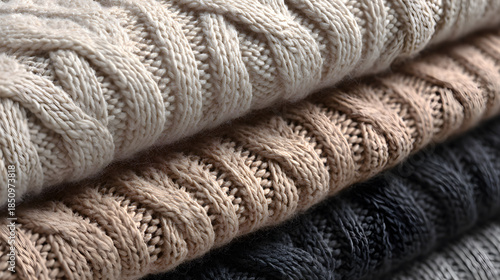 A folded stack of warm cotton fabrics and woolen knitted textiles in various patterns and colors creates a soft texture for winter clothing and bath towels