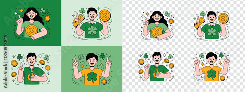 Smiling people hold golden coins and clovers symbolizing wealth luck and prosperity