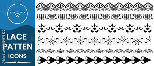 Lace border pattern designs for traditional frames.  Fabric print lace trim symbol or logo. Heritage designs ornament collection.