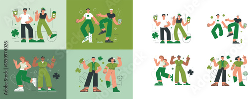 Stylish individuals interacting with lucky clover leaves and green elements for St Patricks Day