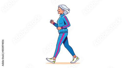 Active senior woman jogging in stylish tracksuit.