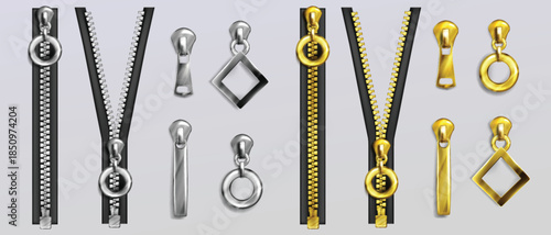 Collection of metallic zippers with different puller shapes for fashion vector