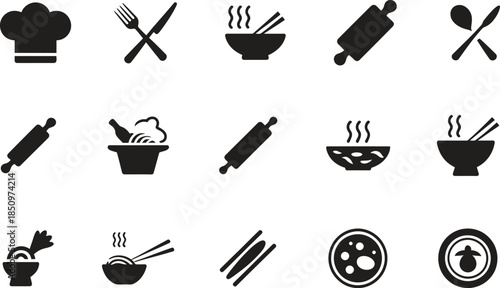 Chef and Cooking Tool Silhouette Icon Set, Professional Kitchen Equipment, Vector Illustration