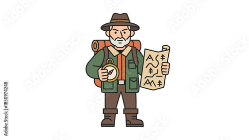 An old adventurer holding a compass and map ready for a journey.