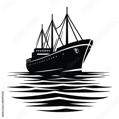 Black Ship Silhouette Sailing on Ocean Vector